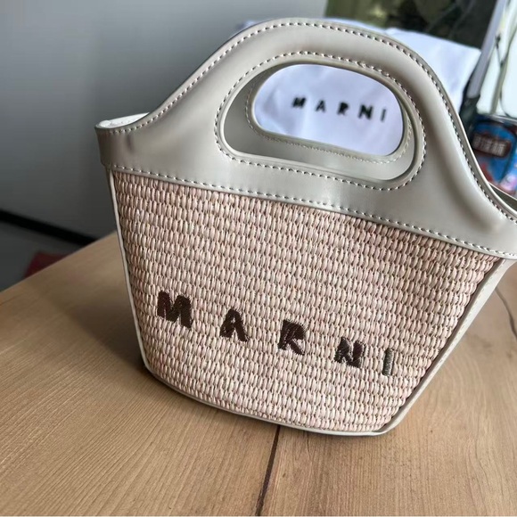 Marni Handbags - Marni Cream Straw Tote with Brown Logo Stitching
